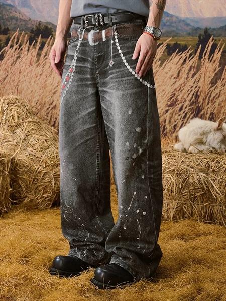 YadCrew Streetwear Baggy Jeans Unisex Retro Wide Leg Pants with Print Design