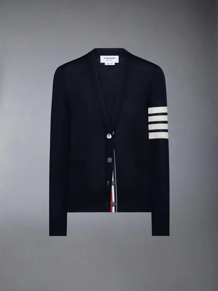 Thom Browne Merino Wool 4-Bar Relaxed Fit V-Neck Cardigan